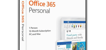 Microsoft Office 365 Personal box featuring premium Office apps, 1TB OneDrive storage, and advanced security features