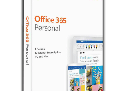 Microsoft Office 365 Personal box featuring premium Office apps, 1TB OneDrive storage, and advanced security features