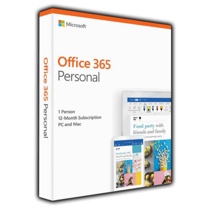 Microsoft Office 365 Personal box featuring premium Office apps, 1TB OneDrive storage, and advanced security features