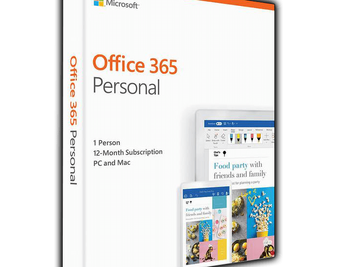 Microsoft Office 365 Personal box featuring premium Office apps, 1TB OneDrive storage, and advanced security features